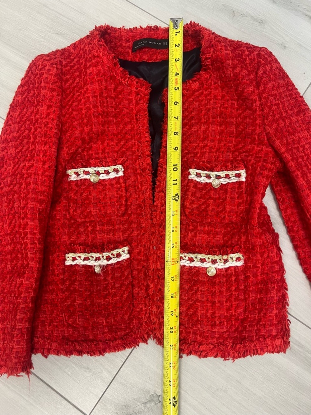 Zara Red Tweed Fantasy Fabric Blazer Jacket A455 Gold Buttons Sz S French Girl - Picture 8 of 10